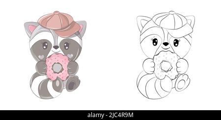Raccoon Clipart per colorare pagina e multicolore illustrazione. Baby clip Art Raccoon con una ciambella nelle sue paws. Illustrazione vettoriale di un animale per Illustrazione Vettoriale