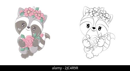 Carino Raccoon Clipart Illustrazione e Bianco e Nero. Divertente clip Art Raccoon con un fiore Wreath sulla sua testa. Illustrazione vettoriale di un animale per Illustrazione Vettoriale