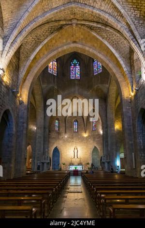 Vista lungo la navata per altare e abside, Esglesia de Sant Pere (catalano), Iglesia de San Pedro (spagnolo) o Chiesa di San Pietro, Figueras, Gerona Provincia, C. Foto Stock