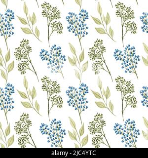 Acquerello motivo floreale senza cuciture con fiori e foglie. Rametti secchi illustrazione disegnata a mano. Foto Stock