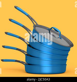 Impilare la padella con il coperchio di vetro su sfondo giallo. 3d resa degli utensili da cucina antiaderenti Foto Stock