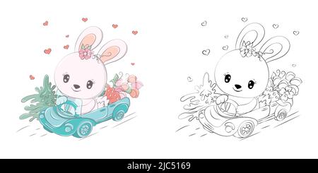 Carino illustrazione di Bunny Clipart e bianco e nero. Divertente coniglio clip Art alla guida di un'auto. Illustrazione vettoriale di un animale per colorare pagine, adesivi Illustrazione Vettoriale