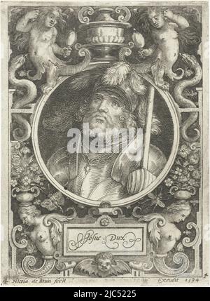 Ritratto di Giulio Cesare come antico generale in medaglione all'interno di cornice rettangolare con ornamenti in forma di serpenti e creature fantasia, Ritratto di Giosuè in medaglione all'interno di cornice rettangolare con ornamenti Giosue Dux il nove migliore (titolo della serie), tipografia: Nicolaes de Bruyn, (menzionato sull'oggetto), editore: anonimo, Paesi Bassi, 1594, carta, incisione, h 122 mm x l 90 mm Foto Stock