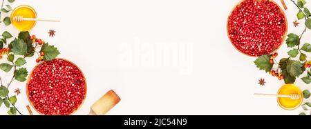Banner di cibo sano con mirtilli selvatici, miele e rami di biancospino su sfondo bianco con spazio copia. Cibo che amplifica il sistema immunitario. Naturale fatto in casa Foto Stock