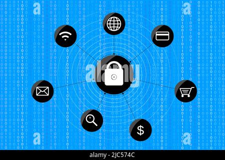 Concetto di protezione informatica dei dati. Icone relative alla protezione della rete di dati online su sfondo di codice binario Illustrazione Vettoriale