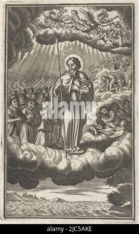 San Tommaso in piedi sulle nuvole, nella mano sinistra una lancia sulla destra sette persone addormentate, sulla sinistra un gran numero di martiri con rami di palma. Copy in mirror image, St. Thomas in Heaven, print maker: anonymous, Samuel van Hoogstraten, editore: Philip Verbeek, Amsterdam, 1671 - 1716, carta, incisione, incisione, h 124 mm x l 76 mm Foto Stock