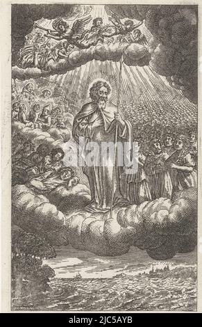 San Tommaso in piedi su una nuvola, tenendo una lancia nella sua mano sinistra. Alla sua destra sette persone addormentate, alla sua sinistra un grande gruppo di martiri con rami di palma., San Tommaso in Paradiso, tipografo: anonimo, Samuel van Hoogstraten, editore: Michiel de Groot, Amsterdam, 1671, carta, incisione, a 128 mm x l 79 mm Foto Stock