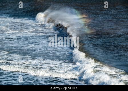 Vista rialzata di un'onda oceanica che si innalza verso la spiaggia di Reynisfjara, con spruzzi color arcobaleno sulla cresta dell'onda, vista da Dyrhólaey, Islanda Foto Stock