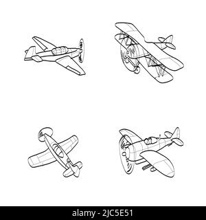 Set di aeroplani disegnati a mano. I contorni del velivolo in stile Doodle su sfondo bianco. Illustrazione Vettoriale