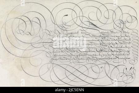 Disegno calligrafico con otto righe di testo in olandese: De Burghemeesteren Schepenen ende Raeden der stadt «damme» ... Il testo è incorniciato da un'immagine a scorrimento. Il disegno fa parte di un album, Design of a Writing Sample: De Burgehemeesteren (...) Spieghel der schrijfkonste (titolo della collana), Jan van de Velde (i), (menzionato in oggetto), Rotterdam, 1605, carta, penna, a 195 mm x l 296 mm Foto Stock