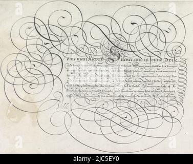 Disegno calligrafico con S iniziale e otto righe di testo in inglese: Un po 'di uomo keepeth silenzio ... Il testo è incorniciato da un'immagine a scorrimento. Il disegno fa parte di un album, Design of a writing sample: Some man keepeth silence (...) Spieghel der schrijfkonste (titolo della collana), Jan van de Velde (i), (menzionato in oggetto), Rotterdam, 1605, carta, penna, a 204 mm x l 274 mm Foto Stock