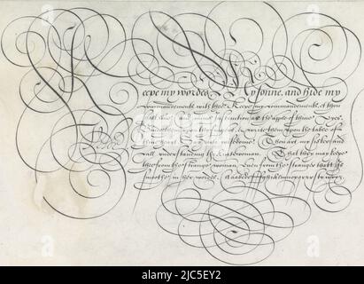 Disegno calligrafico con la K iniziale e otto righe di testo in inglese: Keepe i miei wordes ... Il testo termina con un alfabeto minuscolo nella mano corrispondente. Il testo è incorniciato da un'immagine a scorrimento. Il disegno fa parte di un album, Design of a Writing Sample: Keepe my Wordes (...) Spieghel der schrijfkonste (titolo della collana), Jan van de Velde (i), (menzionato in oggetto), Rotterdam, 1605, carta, penna, a 189 mm x l 282 mm Foto Stock