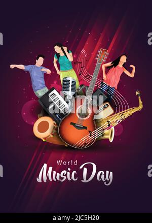 World music day dance night party Flyer design con gruppo di persone che ballano su uno sfondo luminoso e colorato. Poster di celebrazione vettoriale illustrazione templ Illustrazione Vettoriale