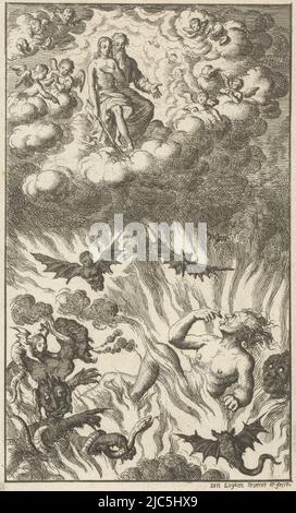 Visione dell'uomo ricco in inferno i ricchi e Lazzaro ventiquattro scene del nuovo Testamento (titolo della serie), tipografo: Jan Luyken, (menzionato sull'oggetto), Jan Luyken, (menzionato sull'oggetto), Amsterdam, 1681, carta, incisione, h 125 mm x l 77 mm Foto Stock