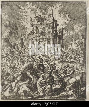 I Romani uccidono gli ebrei, mentre il Tempio brucia, stampatore: Jan Luyken, editore: Jan Rieuwertsz. II), editore: Barent Visscher, Amsterdam, 1706, paper, incisione, h 92 mm x l 81 mm Foto Stock