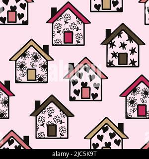 Pattern vettoriale senza giunture con case su sfondo rosa. Carino famiglia casa carta da parati design per i bambini. Decorativo città moda tessile. Illustrazione Vettoriale