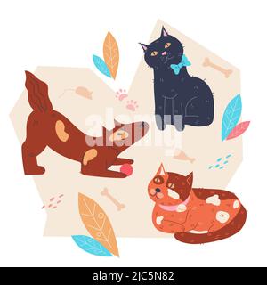 Animali domestici gatti e cani, animali domestici in banner decorativi flat vettore isolato. Illustrazione Vettoriale