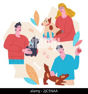 Animali domestici e proprietari, persone si preoccupano di animali domestici, illustrazione vettoriale piatta isolato. Illustrazione Vettoriale