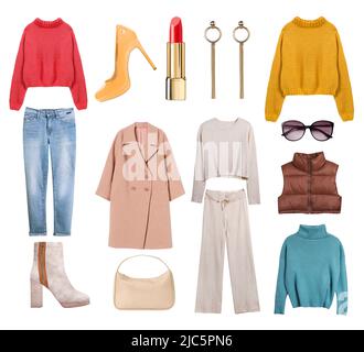 Abiti colorati da donna, isolati sul bianco. Abbigliamento donna. Collage femminile moderno. Collezione di abbigliamento e accessori. Foto Stock