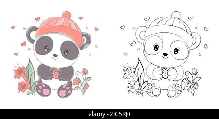 Clipart Panda multicolore e bianco e nero. Carino clip Art Panda con fragola. Illustrazione vettoriale di un animale per adesivi, doccia del bambino Illustrazione Vettoriale