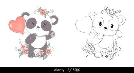 Cute Clipart Panda Illustrazione e per colorare pagina. Cartoon clip Art Panda con palloncino. Illustrazione vettoriale di un animale per adesivi, doccia del bambino Illustrazione Vettoriale