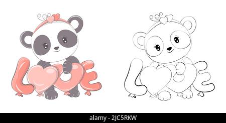 Panda clipart per colorare pagina e multicolore illustrazione. Baby clip Art Panda con Love Balloons. Illustrazione vettoriale di un animale per la colorazione Illustrazione Vettoriale