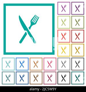 Forcella e coltello in posizione incrociata icone a colori piatti con riquadri a quadrante su sfondo bianco Illustrazione Vettoriale