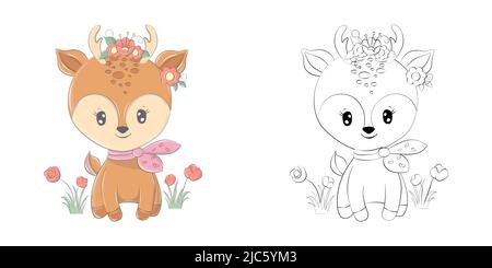 Cute Clipart Deer Illustrazione e per colorare pagina. Decer d'arte Cartoon clip con fiori. Illustrazione vettoriale di un animale per adesivi, doccia del bambino Illustrazione Vettoriale