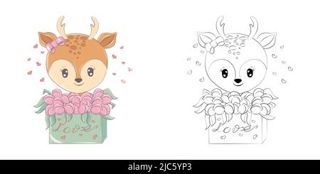 Clipart Deer multicolore e bianco e nero. Carino clip Art Deer in una confezione regalo con tulipani. Illustrazione vettoriale di un animale per adesivi, bambino Illustrazione Vettoriale