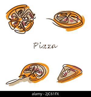 Pizza in stile doodle, gustosa e colorata. Set vettoriale di fette di pizza cartoon, intere e affettate, pennellate di vernice acrilica Illustrazione Vettoriale