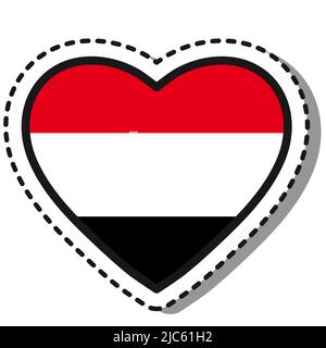 Bandiera Yemen cuore adesivo su sfondo bianco. Badge Vintage Vector Love. Elemento di progettazione del modello. Giornata nazionale. Cartello da viaggio. Illustrazione Vettoriale