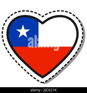 Adesivo Flag Chile Heart su sfondo bianco. Badge Vintage Vector Love. Giornata nazionale. Cartello da viaggio. Illustrazione Vettoriale