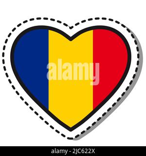 Adesivo Flag Romania Heart su sfondo bianco. Badge Vintage Vector Love. Giornata nazionale. Cartello da viaggio. Illustrazione Vettoriale