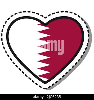 Bandiera Qatar cuore adesivo su sfondo bianco. Badge Vintage Vector Love. . Giornata nazionale. Cartello da viaggio. Illustrazione Vettoriale