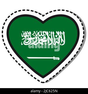 Bandiera Arabia Saudita cuore adesivo su sfondo bianco. Badge Vintage Vector Love. Giornata nazionale. Cartello da viaggio. Illustrazione Vettoriale