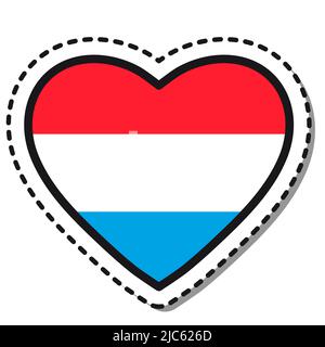 Adesivo a cuore bandiera Luxembourg su sfondo bianco. Badge Vintage Vector Love. Giornata nazionale. Cartello da viaggio. Illustrazione Vettoriale