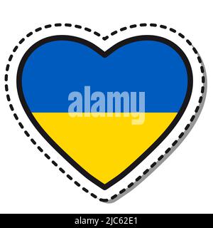 Bandiera Ucraina cuore adesivo su sfondo bianco. Badge Vintage Vector Love. Giornata nazionale. Cartello da viaggio. Illustrazione Vettoriale