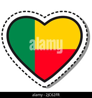 Adesivo Flag Benin Heart su sfondo bianco. Badge Vintage Vector Love. Giornata nazionale. Cartello da viaggio. Illustrazione Vettoriale