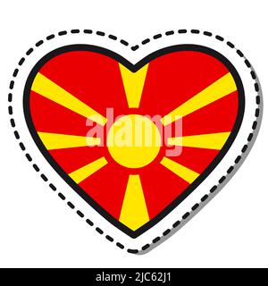 Adesivo Flag Macedonia cuore su sfondo bianco. Badge Vintage Vector Love. Cartello da viaggio. Illustrazione Vettoriale