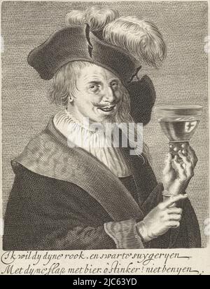 Un uomo in costume vecchio stile, è vestito come Lucas van Leyden, tenendo un rummer. Parla della sua preferenza per il vino rispetto alla birra e al tabacco. Dodicesima stampa da una serie di diciotto, uomo con un rombo specchio di vanità (titolo della serie) Spigel, ofte Toneel der ydelheyd en ongebondenheyd onser eeuwe (titolo della serie su oggetto), tipografo: Jan van de Velde (II), Jan van de Velde (II), Samuel Ampzing, Amsterdam, 1633, paper, incisione, incisione, h 170 mm x l 117 mm Foto Stock