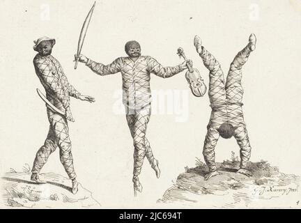 Tre harlequins, uno di loro fa un cavalletto Tightrope escursionisti e acrobati (titolo della serie) Nizza combinazione di escursionisti tightrope, jumpers e posturalisti (titolo della serie), tipografia: anonimo, mediatore disegnatore: Gerardus Josephus Xavery, (menzionato sull'oggetto), editore: Pieter Schenk (II), Amsterdam, 1728, paper, etching, incisione, a 156 mm x l 230 mm Foto Stock