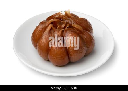 Piatto con un bulbo d'aglio sott'aceto isolato su sfondo bianco Foto Stock