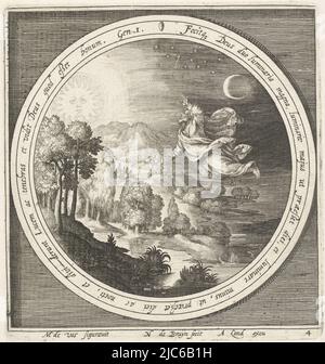 Quarto giorno della creazione: Dio crea il sole, la luna e le stelle, separando la luce dalle tenebre. In medaglione scritto con un testo della Bibbia latina da Genesi 1, all'interno di una cornice rettangolare, quarto giorno di creazione: Dio crea il sole, la luna e le stelle dalla creazione all'espulsione dal paradiso (titolo della serie), tipografia: Nicolaes de Bruyn, (menzionato sull'oggetto), Maerten de Vos, (menzionato sull'oggetto), editore: Assuerus van Londerseel, (citato in oggetto), Paesi Bassi, 1581-1656, carta, incisione, a 137 mm x l 128 mm Foto Stock