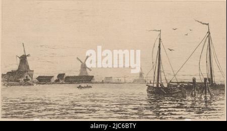 Vista sul fiume o sul canale. Sulla banca sono tre mulini. Sulla destra ci sono due barche a vela ormeggiate., Vista di Zaandam con barche e mulini souvenir de Zaandam (titolo originale), tipografo: CAREL Nicolaas Storm van's-Gravesande, (menzionato sull'oggetto), 1875, carta, incisione, a 171 mm x l 267 mm Foto Stock