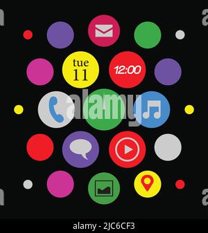 Schermo Smart Watch con icone di app circolari. Galleria, lettore video, Calendario, posizione, messaggistica, Messenger, contatto, lettore musicale e orologio. Illustrazione Vettoriale