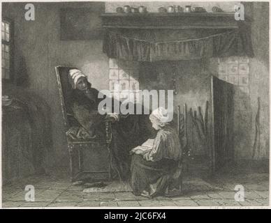 In a room, an old sick woman sits in an armchair in front of the fireplace. Next to her, a child sits on a stove, reading from a book., print maker: Johann Heinrich Maria Hubert Rennefeld, (mentioned on object), Jozef Israëls, (mentioned on object), publisher: Arie Cornelis Kruseman, (mentioned on object), Amsterdam, 1755 - 1877, paper, etching, engraving, h 115 mm × w 179 mm Stock Photo