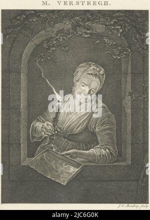 Donna in piedi in finestra aperta con candela e barattolo o posacenere, stampatore: Johannes Christiaan Bendorp, (menzionato sull'oggetto), dopo: Michiel Versteegh, (menzionato sull'oggetto), editore: Johannes Immerzeel, Paesi Bassi, 1776 - 1847, carta, incisione, incisione, a 147 mm x l 113 mm Foto Stock