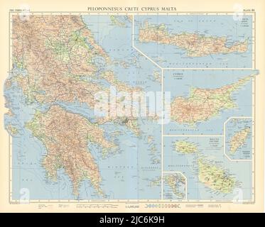 Peloponneso Creta Cipro Malta Gozo Rhodes Corfu. Grecia. TIMES 1956 vecchia mappa Foto Stock