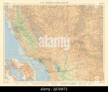 USA Pacifico sud-ovest. California, Arizona, Nevada, Utah. TIMES 1957 vecchia mappa Foto Stock