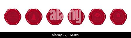 Sigillo di cera di Natale con simboli di natale francobolli di Santa natale Babbo Natale post cera timbro set isolato su sfondo bianco illustrazione vettoriale Illustrazione Vettoriale